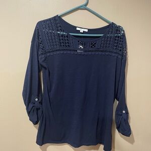 89th & Madison Dark Blue Crochet Accent Blouse